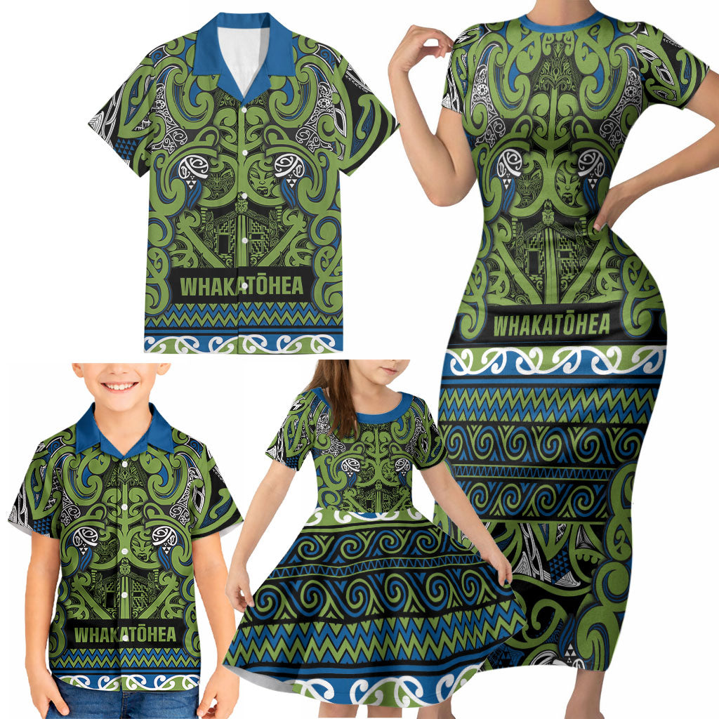 Aotearoa Iwi Whakatohea Family Matching Short Sleeve Bodycon Dress and Hawaiian Shirt Maori Wharenui House Tribal Pattern