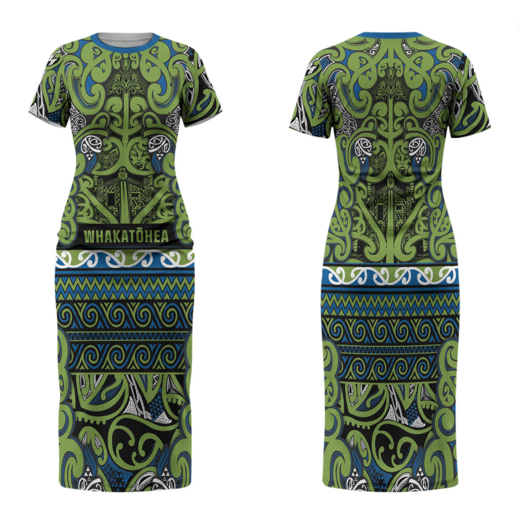 Aotearoa Iwi Whakatohea Family Matching Short Sleeve Bodycon Dress and Hawaiian Shirt Maori Wharenui House Tribal Pattern