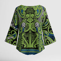 Aotearoa Iwi Whakatohea Kimono Sleeve Blouse Maori Wharenui House Tribal Pattern