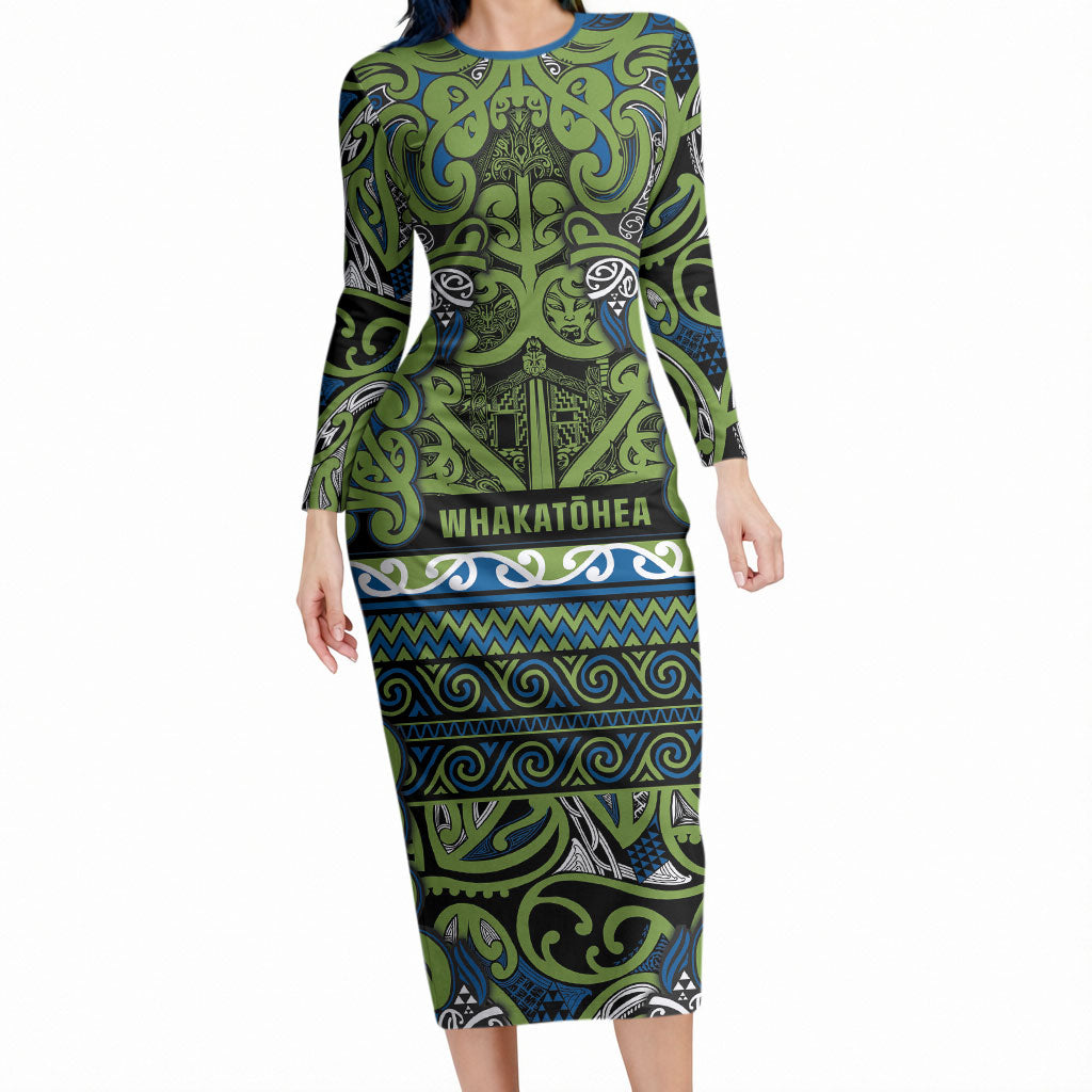 Aotearoa Iwi Whakatohea Long Sleeve Bodycon Dress Maori Wharenui House Tribal Pattern LT9 Long Dress Olive green - Polynesian Pride
