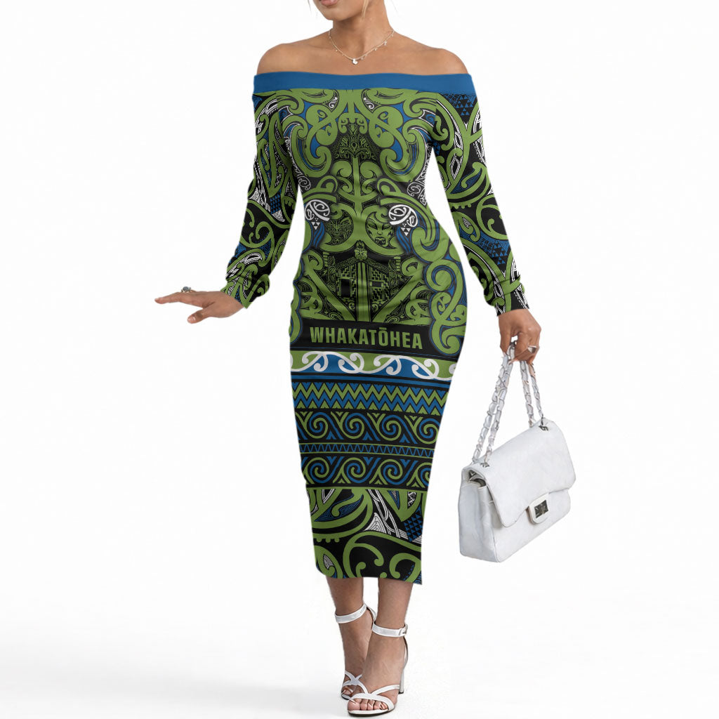 Aotearoa Iwi Whakatohea Off The Shoulder Long Sleeve Dress Maori Wharenui House Tribal Pattern LT9 Women Olive green - Polynesian Pride