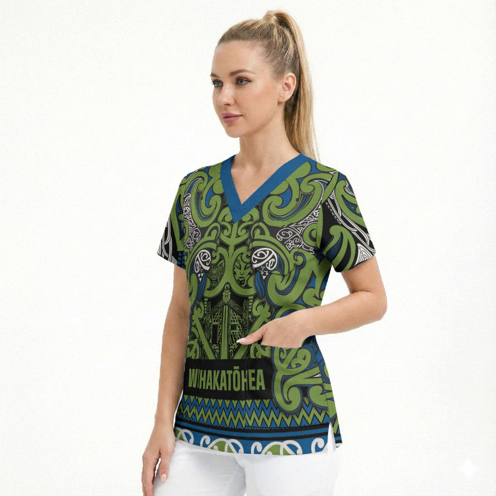 Aotearoa Iwi Whakatohea Scrub Top Maori Wharenui House Tribal Pattern