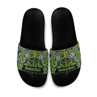 Aotearoa Iwi Whakatohea Slide Sandals Maori Wharenui House Tribal Pattern