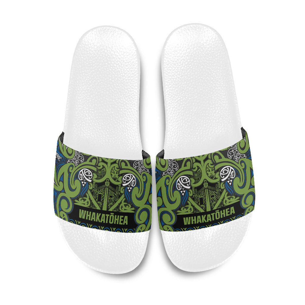 Aotearoa Iwi Whakatohea Slide Sandals Maori Wharenui House Tribal Pattern