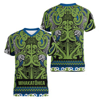 Aotearoa Iwi Whakatohea Women V-Neck T-Shirt Maori Wharenui House Tribal Pattern