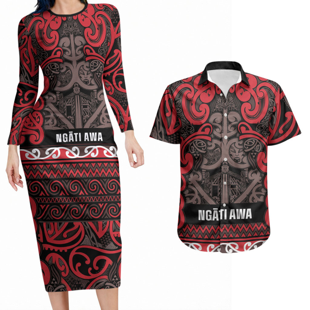 Aotearoa Iwi Ngati Awa Couples Matching Long Sleeve Bodycon Dress and Hawaiian Shirt Maori Wharenui House Tribal Pattern LT9 Red - Polynesian Pride