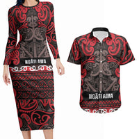 Aotearoa Iwi Ngati Awa Couples Matching Long Sleeve Bodycon Dress and Hawaiian Shirt Maori Wharenui House Tribal Pattern