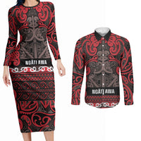 Aotearoa Iwi Ngati Awa Couples Matching Long Sleeve Bodycon Dress and Long Sleeve Button Shirt Maori Wharenui House Tribal Pattern