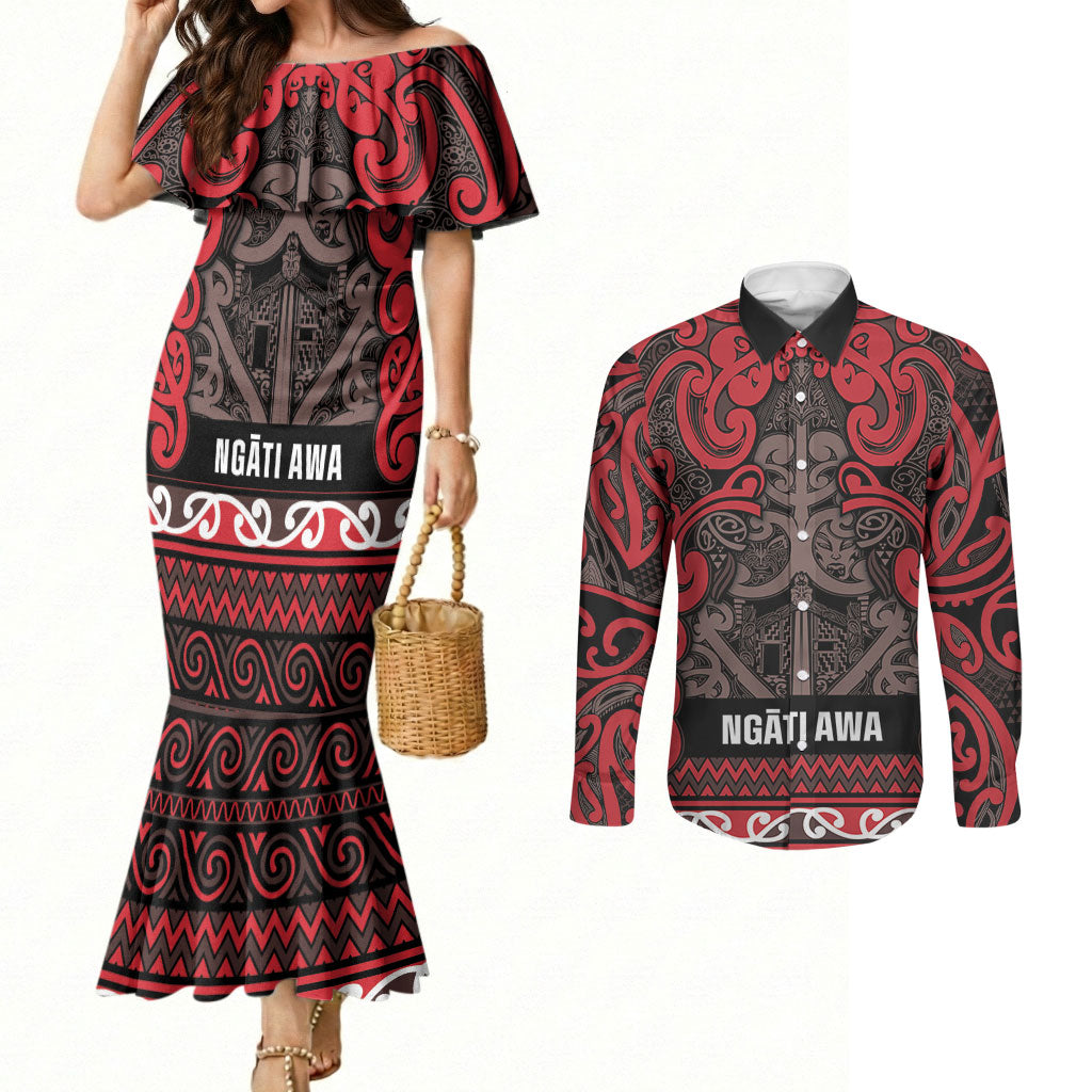 Aotearoa Iwi Ngati Awa Couples Matching Mermaid Dress and Long Sleeve Button Shirt Maori Wharenui House Tribal Pattern LT9 Red - Polynesian Pride