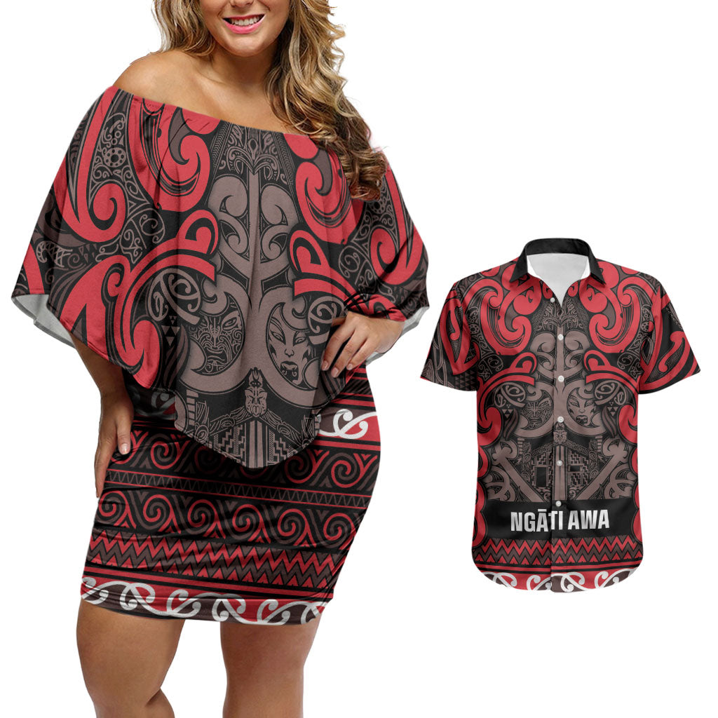 Aotearoa Iwi Ngati Awa Couples Matching Off Shoulder Short Dress and Hawaiian Shirt Maori Wharenui House Tribal Pattern LT9 Red - Polynesian Pride