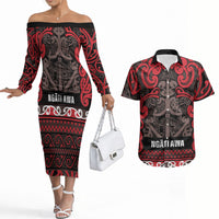 Aotearoa Iwi Ngati Awa Couples Matching Off The Shoulder Long Sleeve Dress and Hawaiian Shirt Maori Wharenui House Tribal Pattern