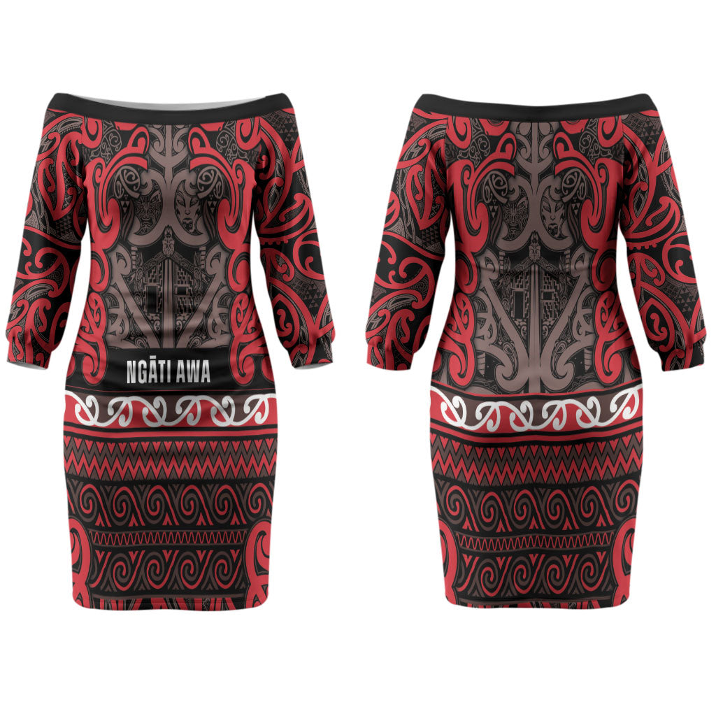 Aotearoa Iwi Ngati Awa Couples Matching Off The Shoulder Long Sleeve Dress and Hawaiian Shirt Maori Wharenui House Tribal Pattern