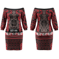 Aotearoa Iwi Ngati Awa Couples Matching Off The Shoulder Long Sleeve Dress and Hawaiian Shirt Maori Wharenui House Tribal Pattern