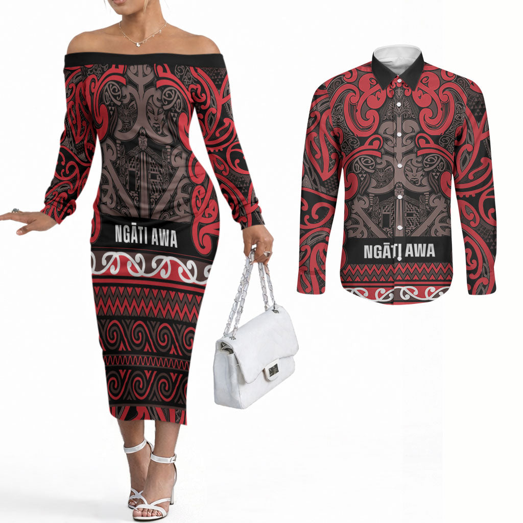 Aotearoa Iwi Ngati Awa Couples Matching Off The Shoulder Long Sleeve Dress and Long Sleeve Button Shirt Maori Wharenui House Tribal Pattern