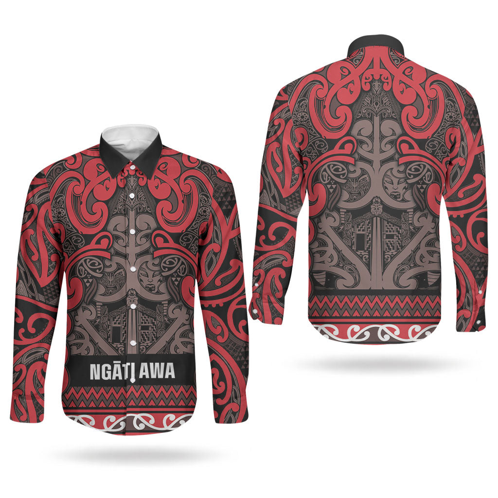 Aotearoa Iwi Ngati Awa Couples Matching Puletasi and Long Sleeve Button Shirt Maori Wharenui House Tribal Pattern
