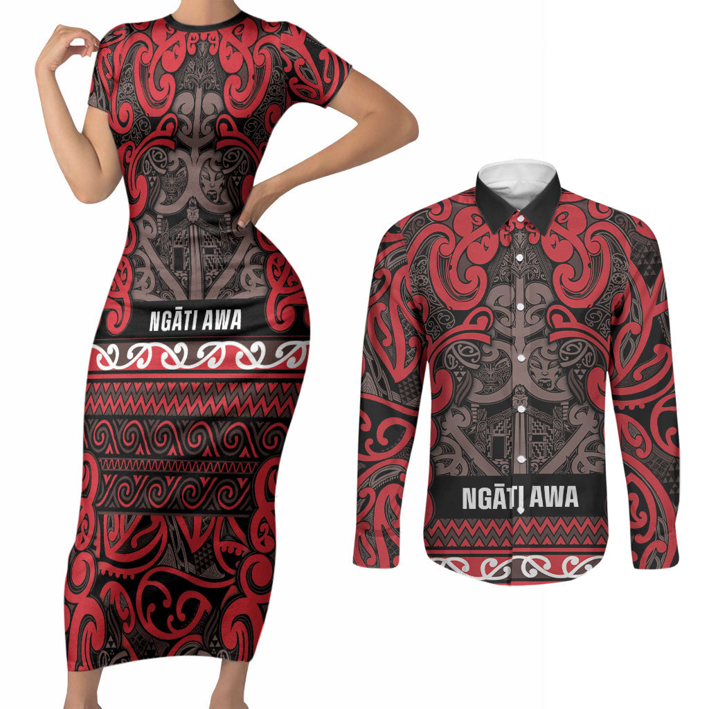 Aotearoa Iwi Ngati Awa Couples Matching Short Sleeve Bodycon Dress and Long Sleeve Button Shirt Maori Wharenui House Tribal Pattern LT9 Red - Polynesian Pride