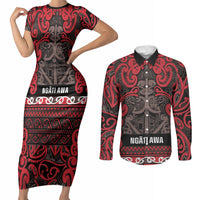 Aotearoa Iwi Ngati Awa Couples Matching Short Sleeve Bodycon Dress and Long Sleeve Button Shirt Maori Wharenui House Tribal Pattern