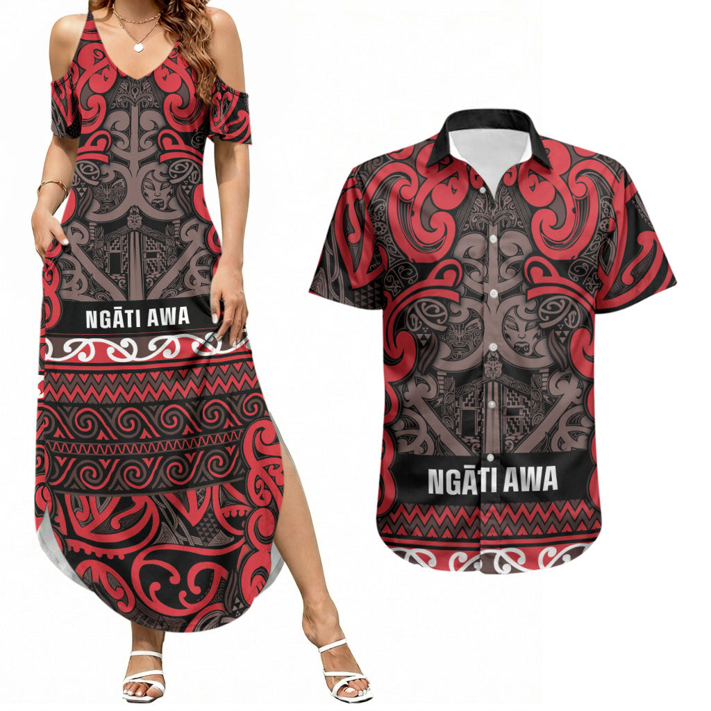 Aotearoa Iwi Ngati Awa Couples Matching Summer Maxi Dress and Hawaiian Shirt Maori Wharenui House Tribal Pattern LT9 Red - Polynesian Pride