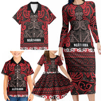 Aotearoa Iwi Ngati Awa Family Matching Long Sleeve Bodycon Dress and Hawaiian Shirt Maori Wharenui House Tribal Pattern