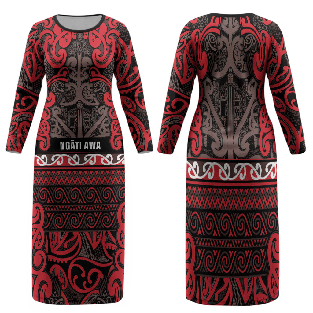 Aotearoa Iwi Ngati Awa Family Matching Long Sleeve Bodycon Dress and Hawaiian Shirt Maori Wharenui House Tribal Pattern