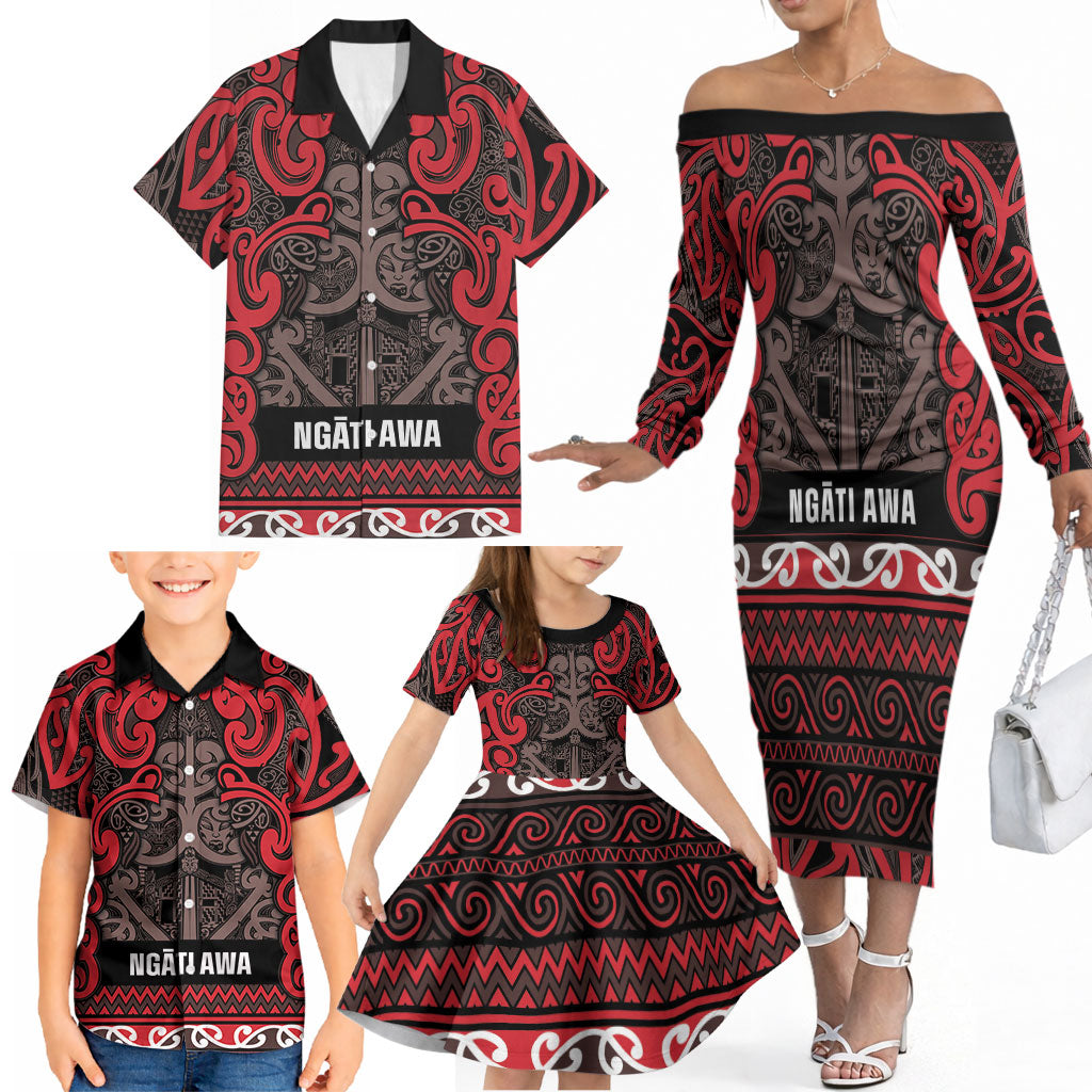 Aotearoa Iwi Ngati Awa Family Matching Off The Shoulder Long Sleeve Dress and Hawaiian Shirt Maori Wharenui House Tribal Pattern LT9 - Polynesian Pride