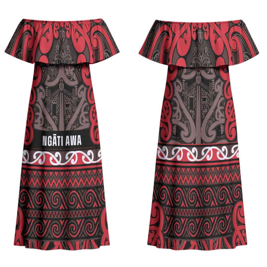 Aotearoa Iwi Ngati Awa Family Matching Off Shoulder Maxi Dress and Hawaiian Shirt Maori Wharenui House Tribal Pattern