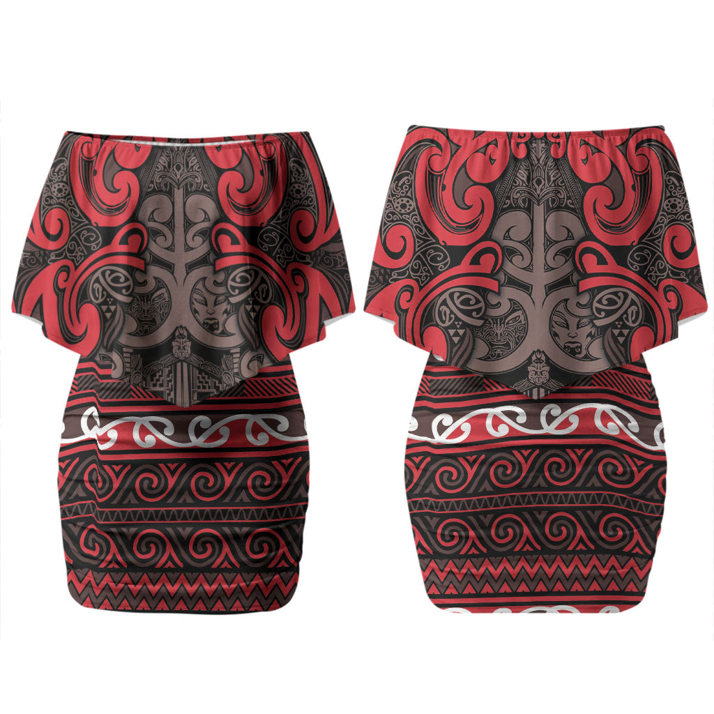 Aotearoa Iwi Ngati Awa Family Matching Off Shoulder Short Dress and Hawaiian Shirt Maori Wharenui House Tribal Pattern