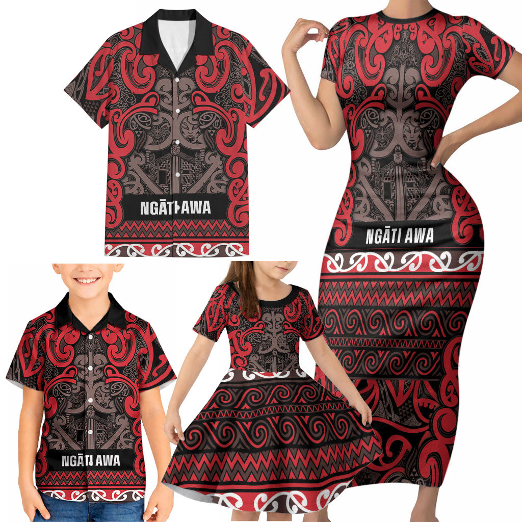 Aotearoa Iwi Ngati Awa Family Matching Short Sleeve Bodycon Dress and Hawaiian Shirt Maori Wharenui House Tribal Pattern