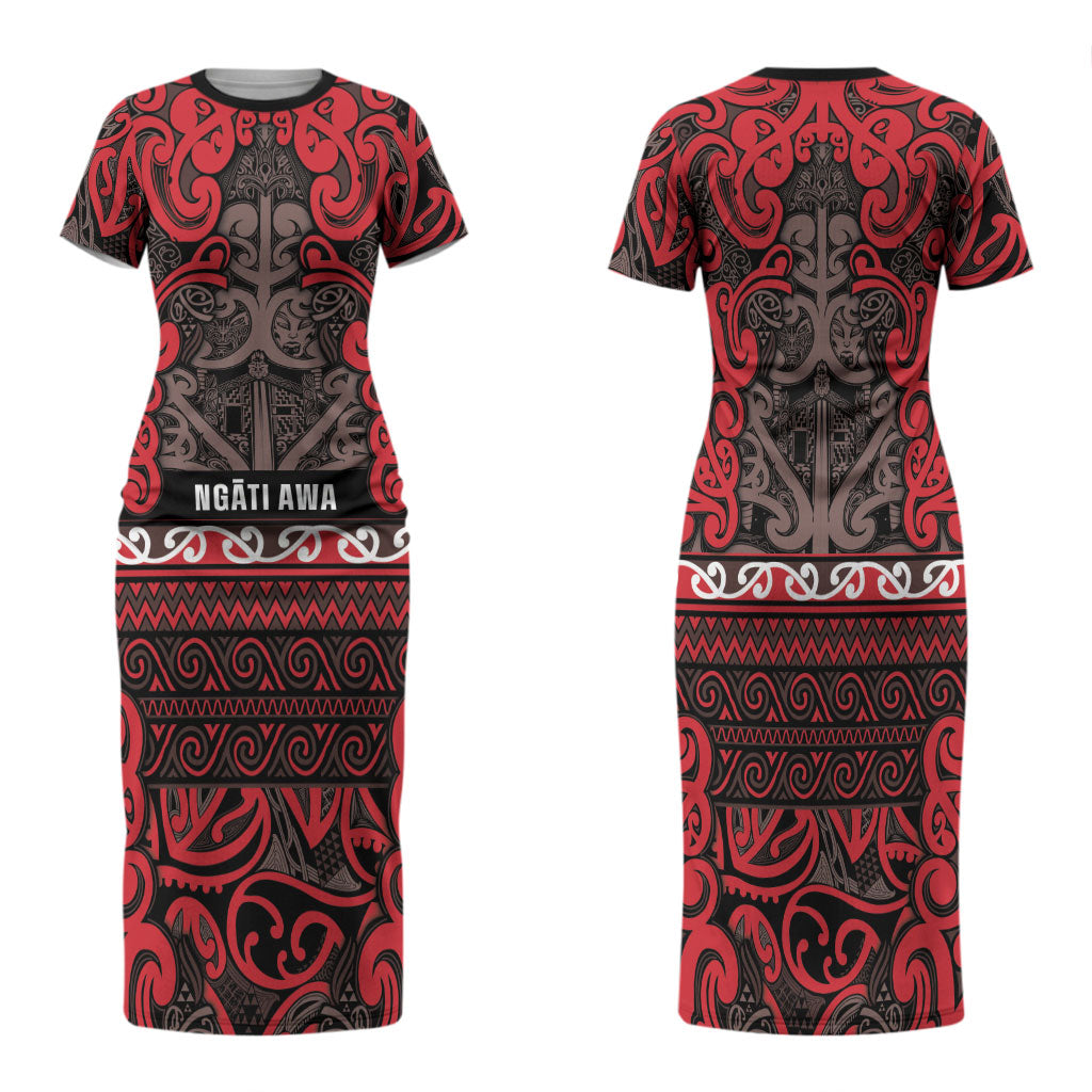 Aotearoa Iwi Ngati Awa Family Matching Short Sleeve Bodycon Dress and Hawaiian Shirt Maori Wharenui House Tribal Pattern