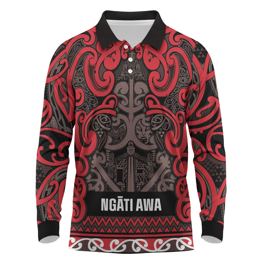 Aotearoa Iwi Ngati Awa Long Sleeve Polo Shirt Maori Wharenui House Tribal Pattern LT9 Red - Polynesian Pride