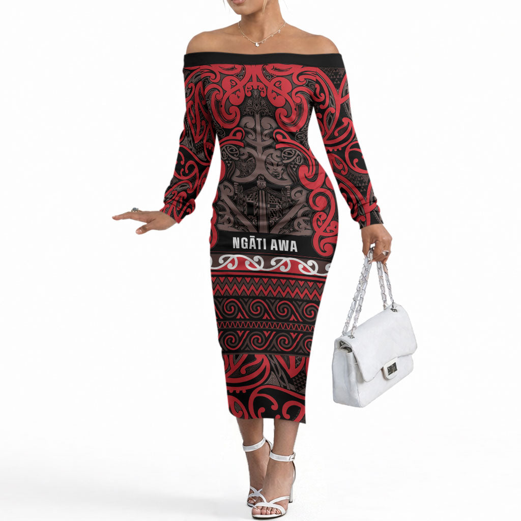 Aotearoa Iwi Ngati Awa Off The Shoulder Long Sleeve Dress Maori Wharenui House Tribal Pattern LT9 Women Red - Polynesian Pride