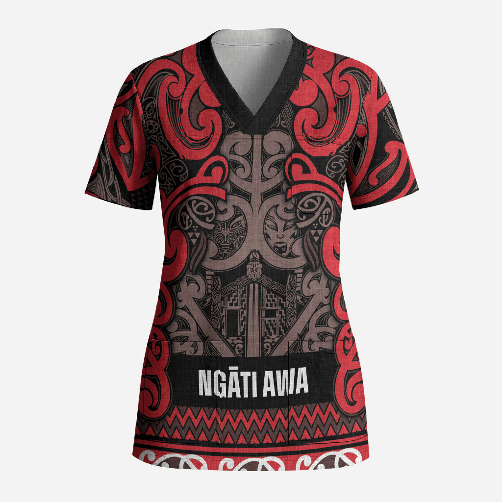 Aotearoa Iwi Ngati Awa Scrub Top Maori Wharenui House Tribal Pattern LT9 Adult Red - Polynesian Pride