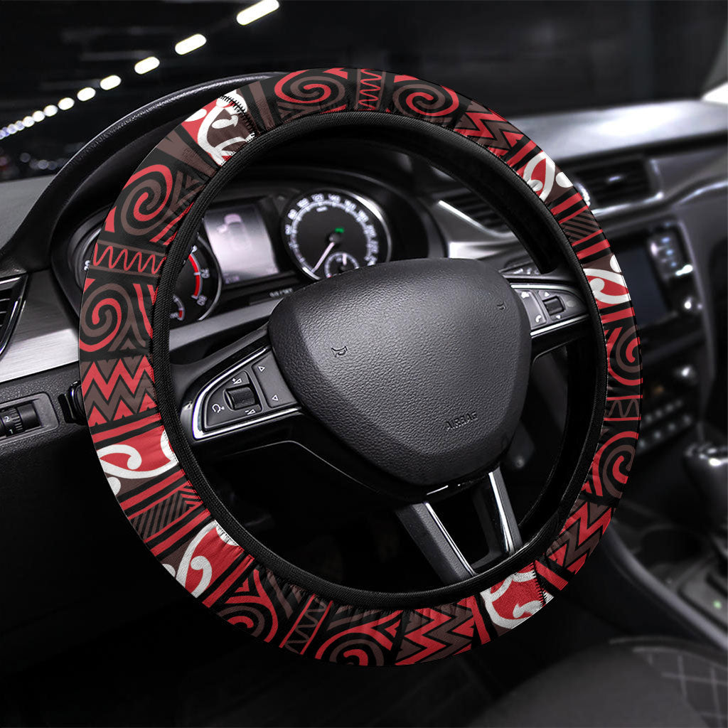 Aotearoa Iwi Ngati Awa Steering Wheel Cover Maori Wharenui House Tribal Pattern LT9 Universal Fit Red - Polynesian Pride