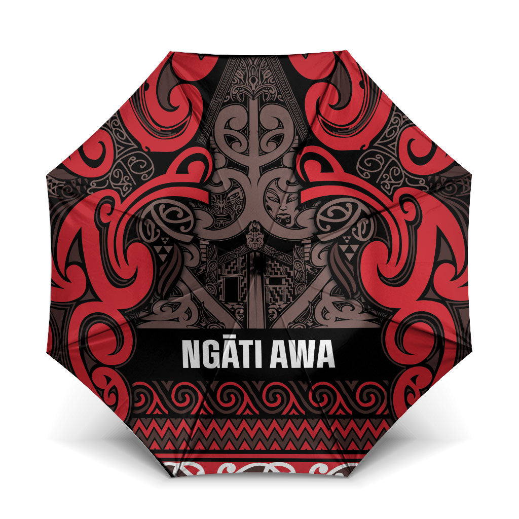 Aotearoa Iwi Ngati Awa Umbrella Maori Wharenui House Tribal Pattern LT9 One Size Folded 11.42 inch Opened Diameter 37.4 inch Red - Polynesian Pride