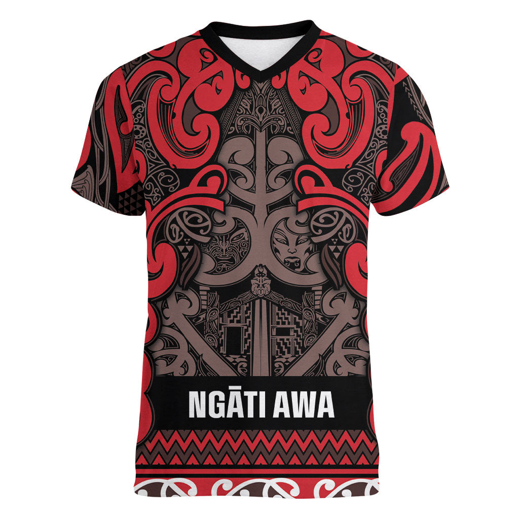 Aotearoa Iwi Ngati Awa Women V-Neck T-Shirt Maori Wharenui House Tribal Pattern LT9 Female Red - Polynesian Pride