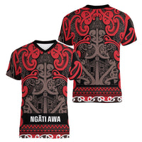 Aotearoa Iwi Ngati Awa Women V-Neck T-Shirt Maori Wharenui House Tribal Pattern