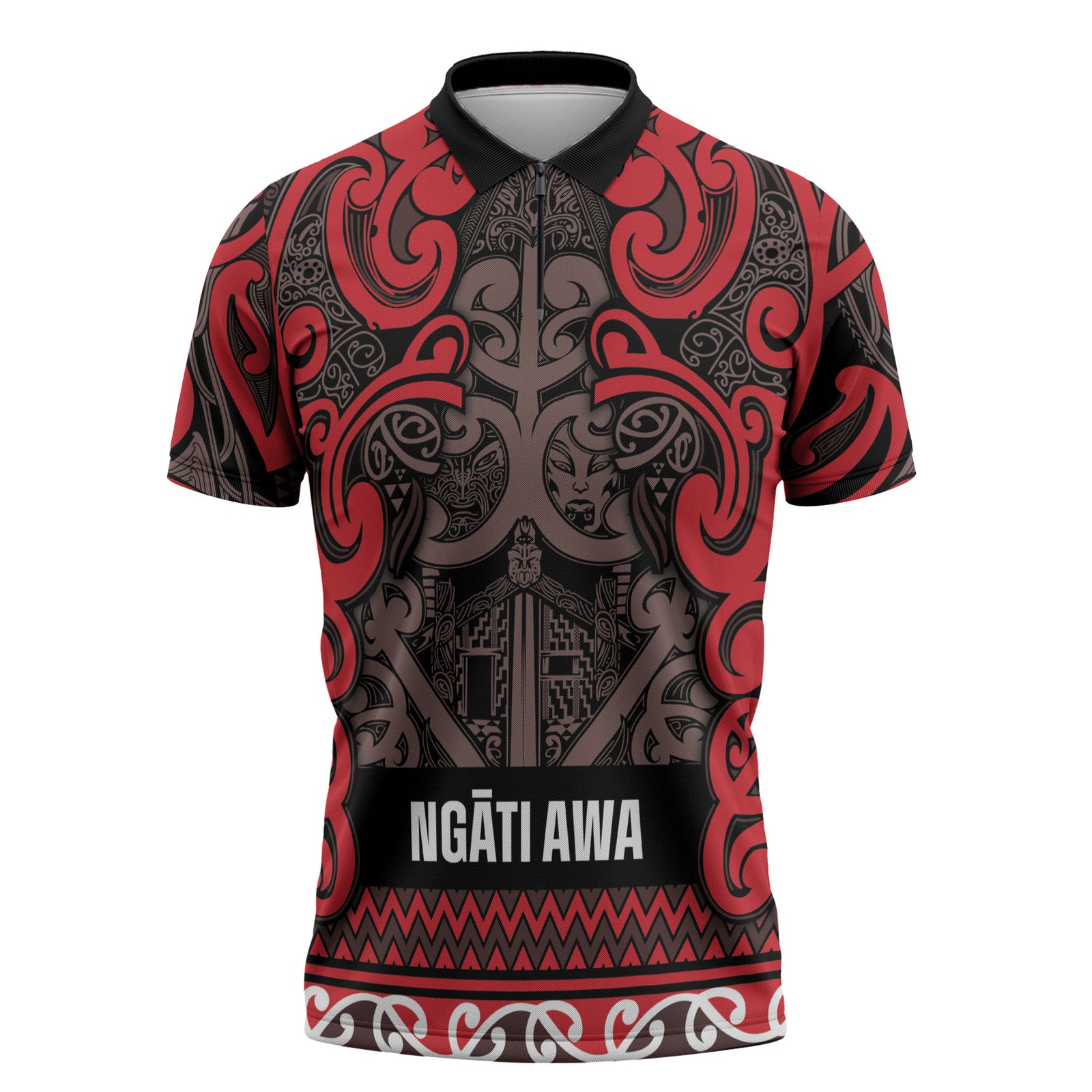 Aotearoa Iwi Ngati Awa Zipper Polo Shirt Maori Wharenui House Tribal Pattern LT9 Red - Polynesian Pride