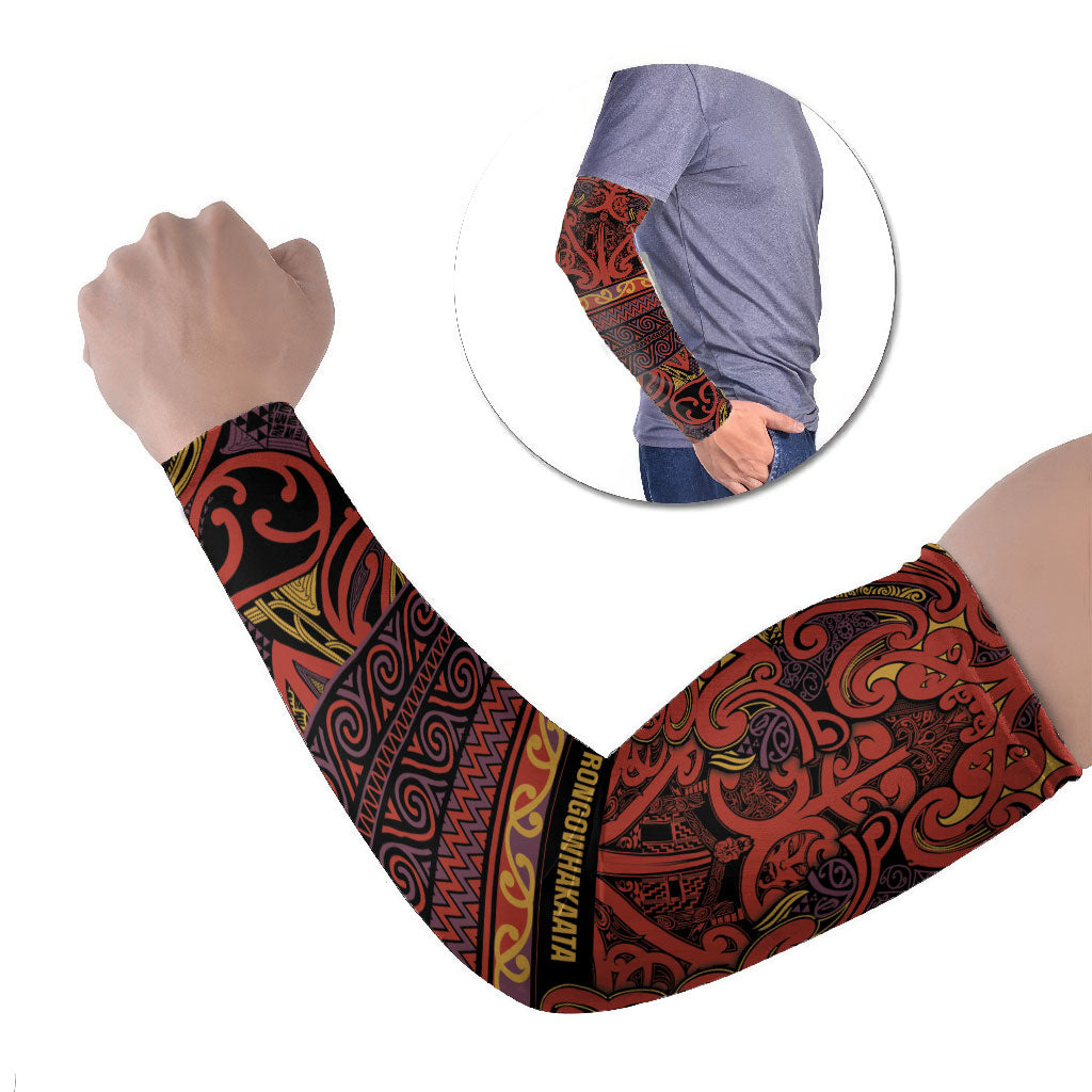 Aotearoa Iwi Rongowhakaata Arm Sleeves Maori Wharenui House Tribal Pattern LT9 Set of 2 Brick Red - Polynesian Pride