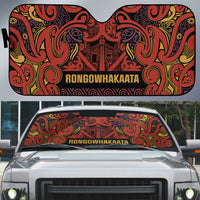 Aotearoa Iwi Rongowhakaata Auto Sun Shade Maori Wharenui House Tribal Pattern LT9 Brick Red - Polynesian Pride