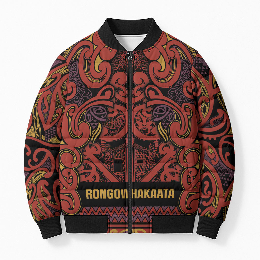 Aotearoa Iwi Rongowhakaata Bomber Puffer Jacket Maori Wharenui House Tribal Pattern LT9 Unisex Brick Red - Polynesian Pride