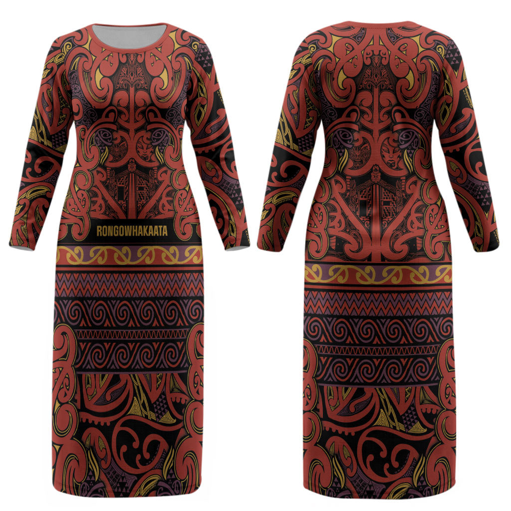 Aotearoa Iwi Rongowhakaata Couples Matching Long Sleeve Bodycon Dress and Hawaiian Shirt Maori Wharenui House Tribal Pattern LT9 - Polynesian Pride