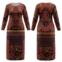 Aotearoa Iwi Rongowhakaata Couples Matching Long Sleeve Bodycon Dress and Hawaiian Shirt Maori Wharenui House Tribal Pattern LT9 - Polynesian Pride