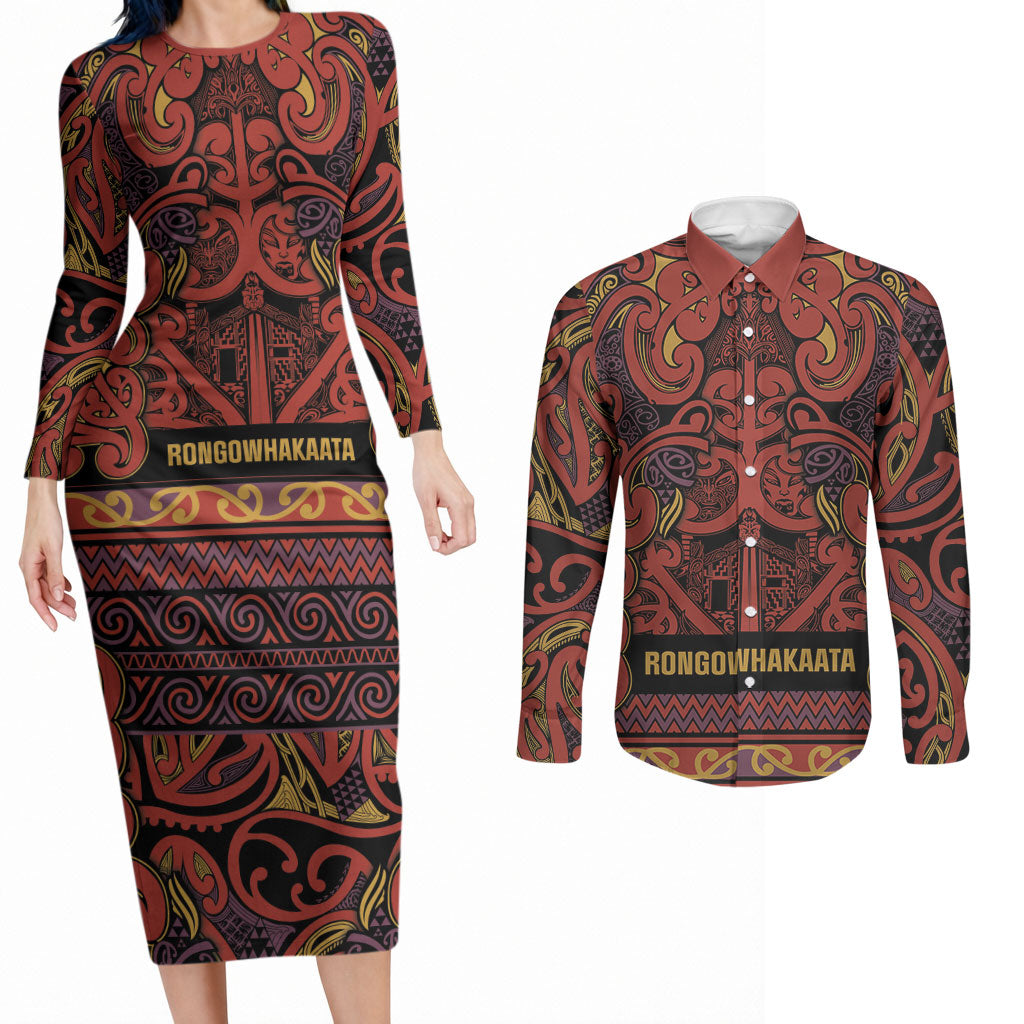 Aotearoa Iwi Rongowhakaata Couples Matching Long Sleeve Bodycon Dress and Long Sleeve Button Shirt Maori Wharenui House Tribal Pattern LT9 Brick Red - Polynesian Pride