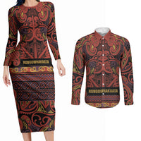 Aotearoa Iwi Rongowhakaata Couples Matching Long Sleeve Bodycon Dress and Long Sleeve Button Shirt Maori Wharenui House Tribal Pattern LT9 Brick Red - Polynesian Pride