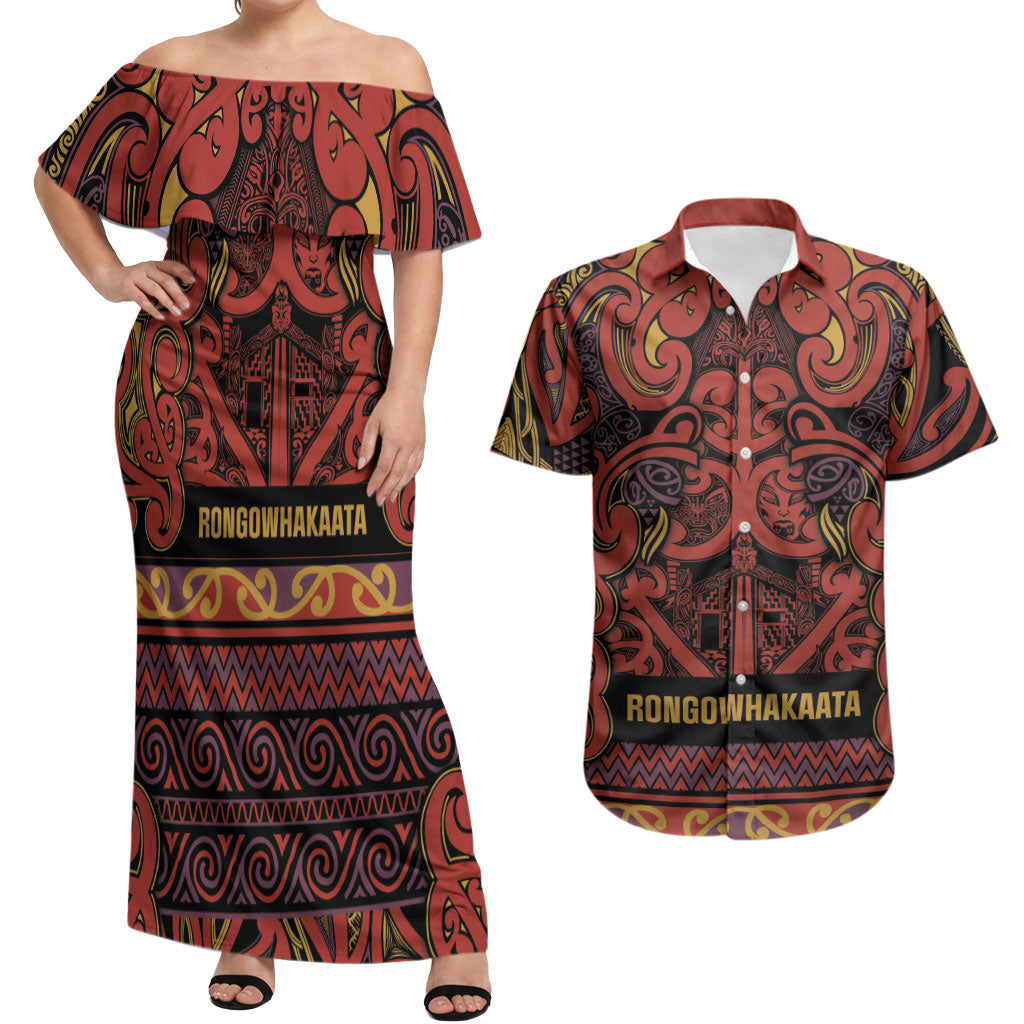 Aotearoa Iwi Rongowhakaata Couples Matching Off Shoulder Maxi Dress and Hawaiian Shirt Maori Wharenui House Tribal Pattern LT9 Brick Red - Polynesian Pride