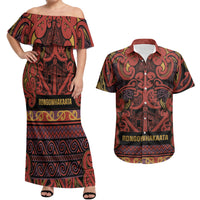 Aotearoa Iwi Rongowhakaata Couples Matching Off Shoulder Maxi Dress and Hawaiian Shirt Maori Wharenui House Tribal Pattern LT9 Brick Red - Polynesian Pride