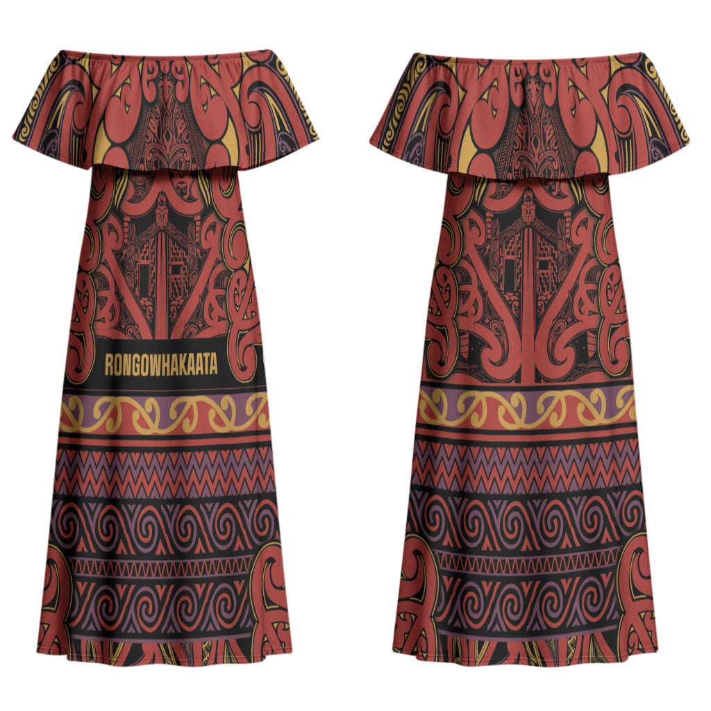 Aotearoa Iwi Rongowhakaata Couples Matching Off Shoulder Maxi Dress and Hawaiian Shirt Maori Wharenui House Tribal Pattern LT9 - Polynesian Pride