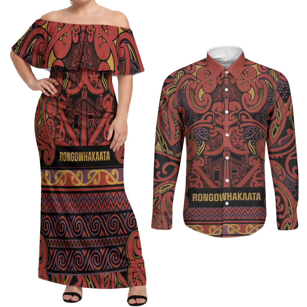 Aotearoa Iwi Rongowhakaata Couples Matching Off Shoulder Maxi Dress and Long Sleeve Button Shirt Maori Wharenui House Tribal Pattern LT9 Brick Red - Polynesian Pride