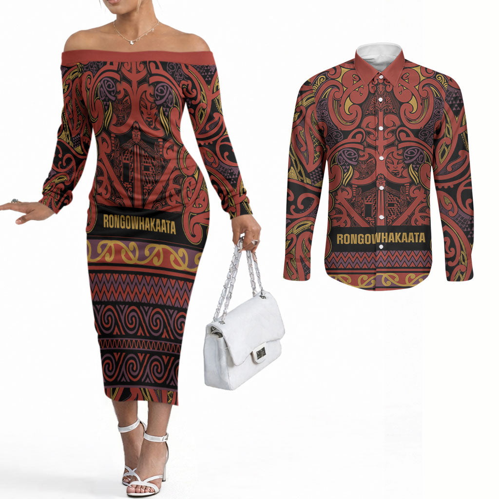 Aotearoa Iwi Rongowhakaata Couples Matching Off The Shoulder Long Sleeve Dress and Long Sleeve Button Shirt Maori Wharenui House Tribal Pattern LT9 Brick Red - Polynesian Pride