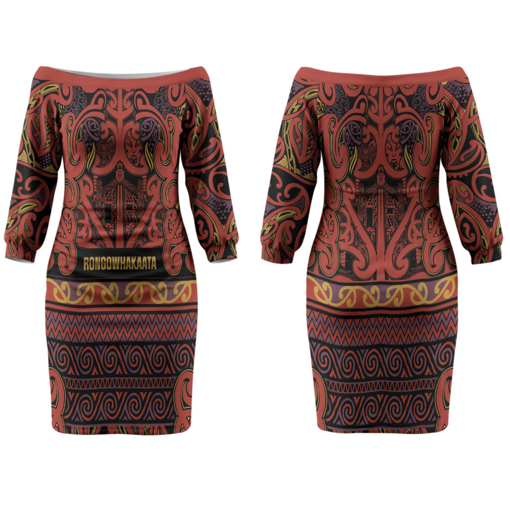 Aotearoa Iwi Rongowhakaata Couples Matching Off The Shoulder Long Sleeve Dress and Long Sleeve Button Shirt Maori Wharenui House Tribal Pattern LT9 - Polynesian Pride